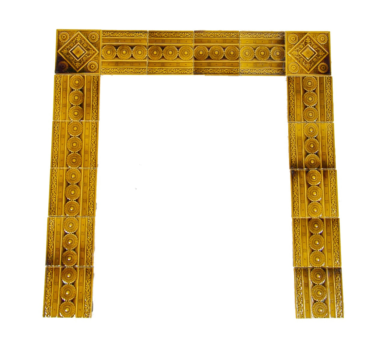 original 1888 completely intact interior residential majolica glazed fireplace tile surround salvaged from edbrooke & burnham-designed house