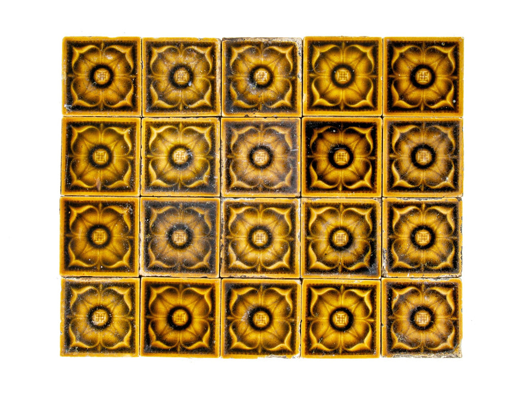 large lot of original late 1880s antique american majolica-glazed 3 x 3 inch salvaged chicago hearth tile with floral motifs