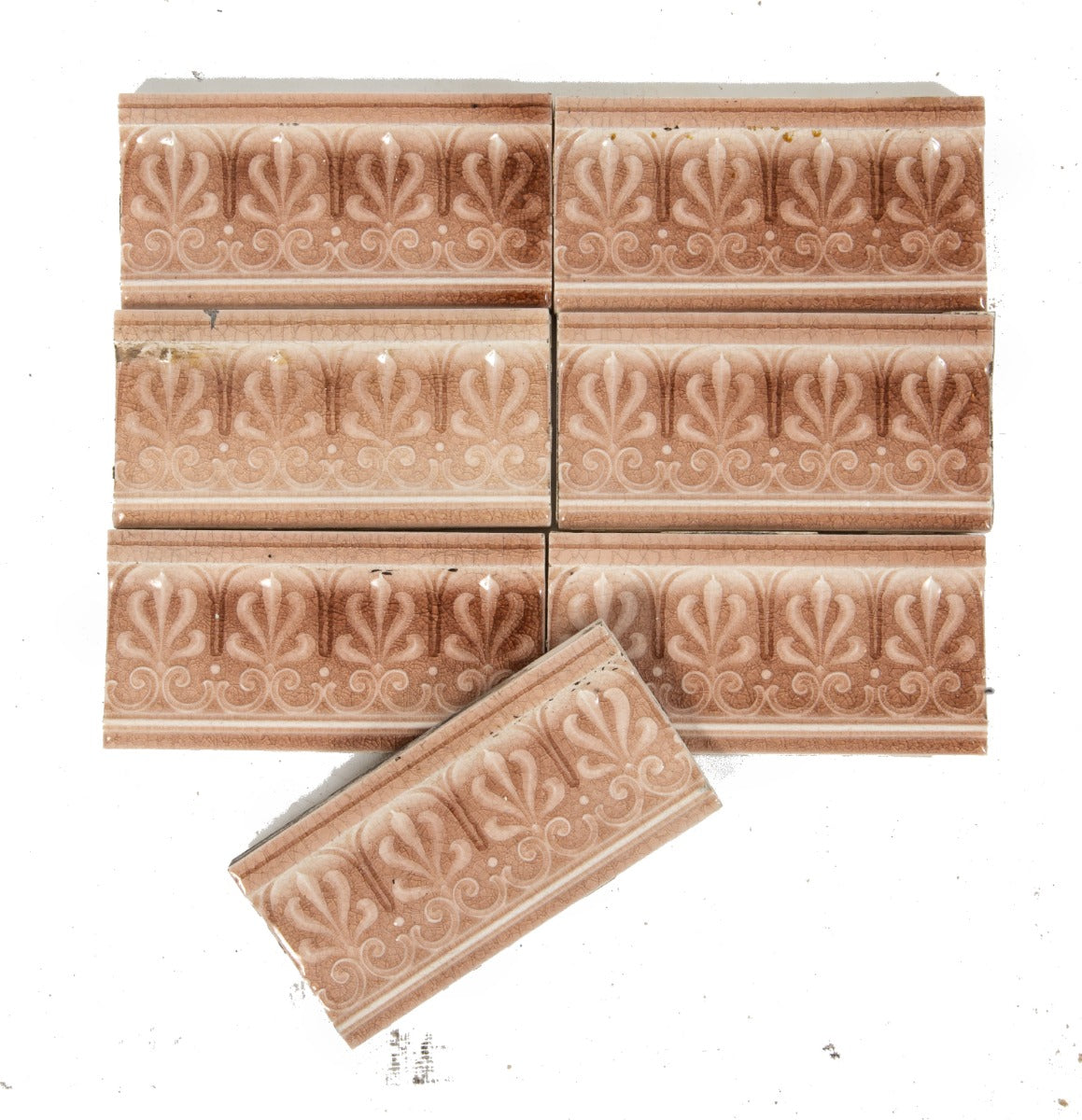 group of 19th century antique american victorian-era mauve-colored salvaged chicago border and corner tiles with anthemions