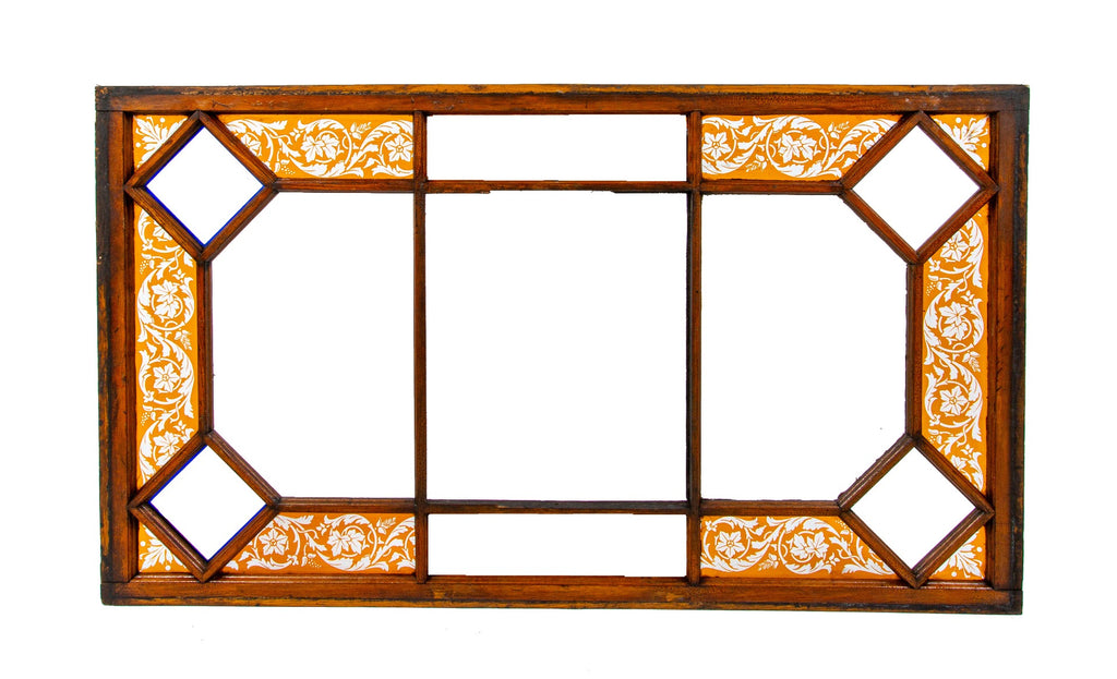 oversized 1880s interior residential varnished oak wood skylight with original deeply etched amber flash glass insets