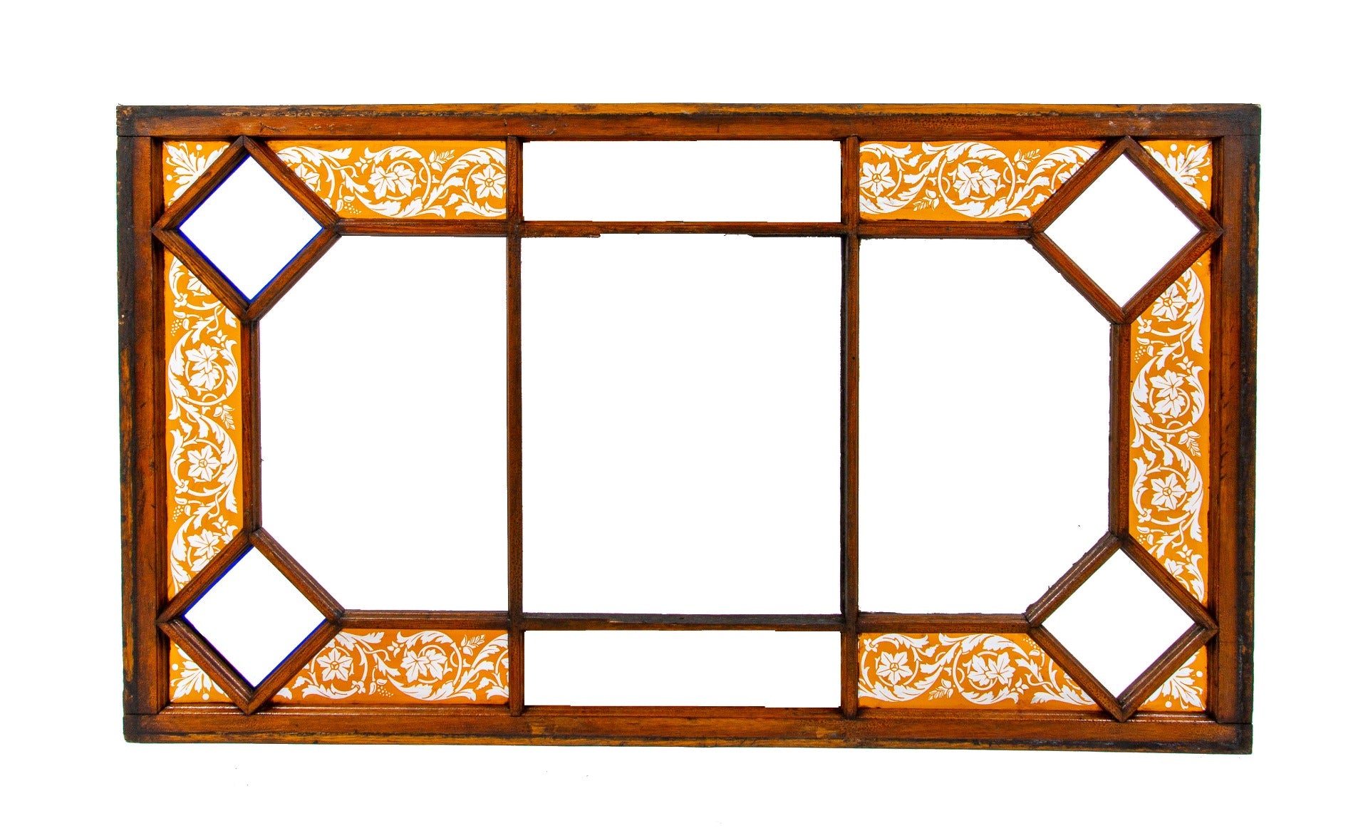 oversized 1880s interior residential varnished oak wood skylight with original deeply etched amber flash glass insets