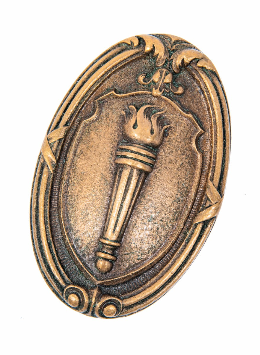 early 20th century antique american salvaged chicago oversized cast bronze doorknob with torche and bayleaf border