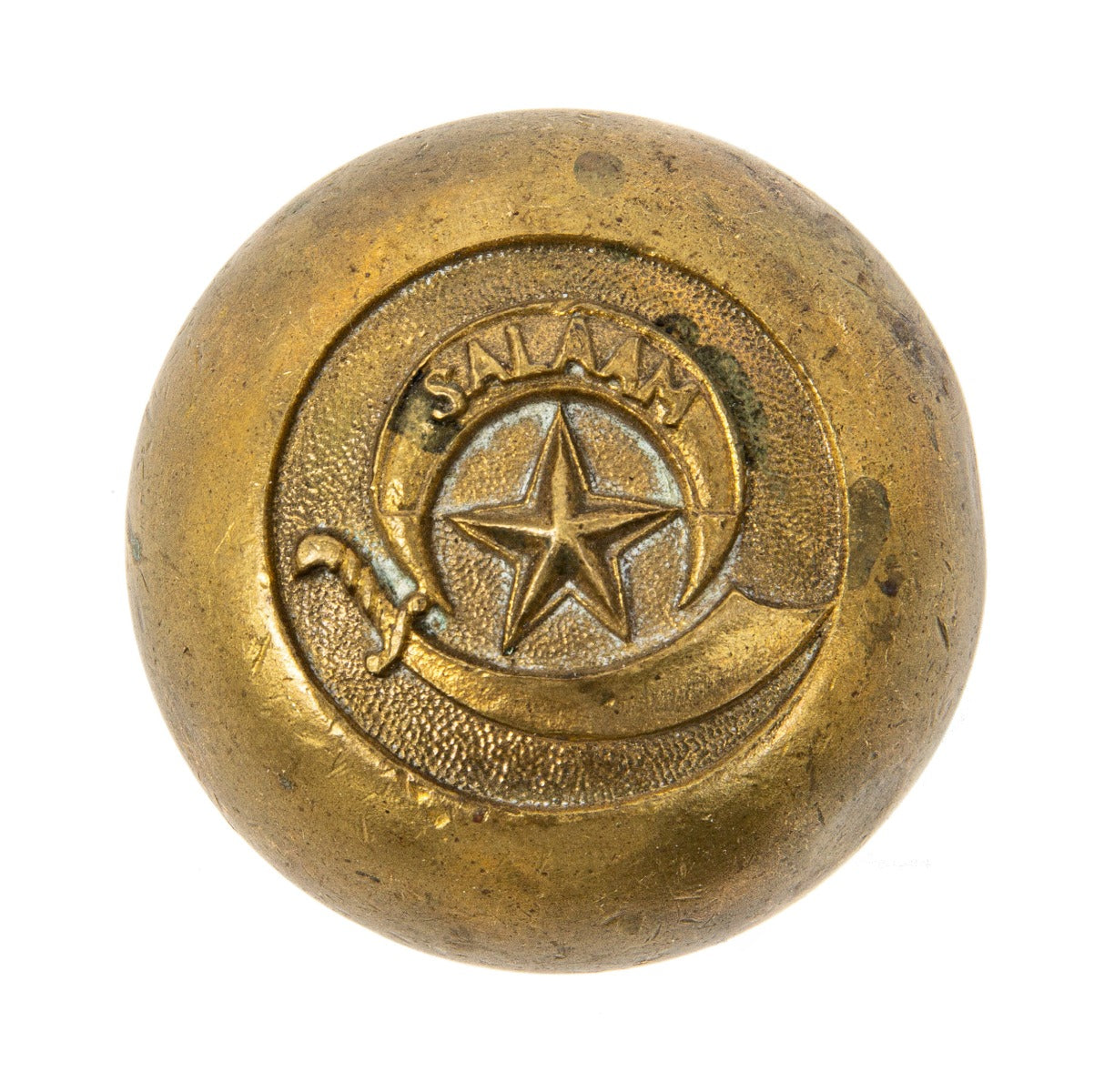 early 20th century antique american masonic shriner cast brass doorknob with crescent moon, star, and sword