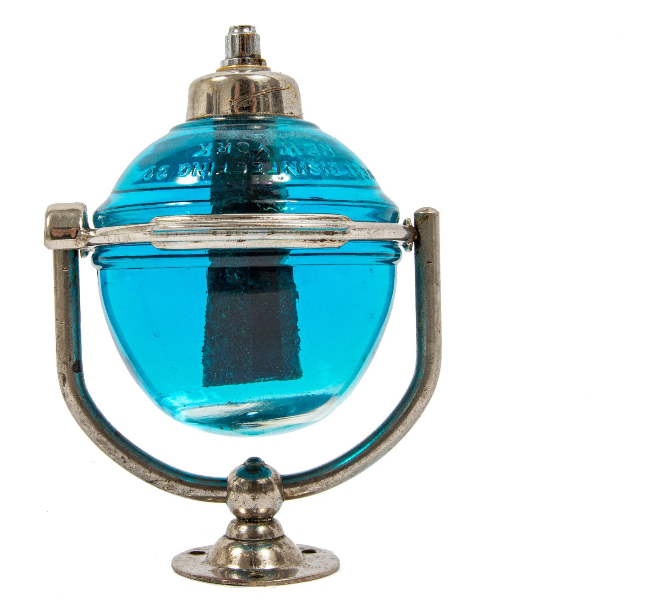 all original and intact early 20th century new york city penn station interior lavatory wall-mount nickel-plated beau brummel glass orb tilting soap dispenser