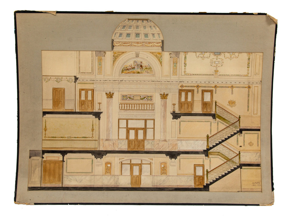original early 20th century odin j. oyen studios polychromatic watercolor of a domed court house cross-section