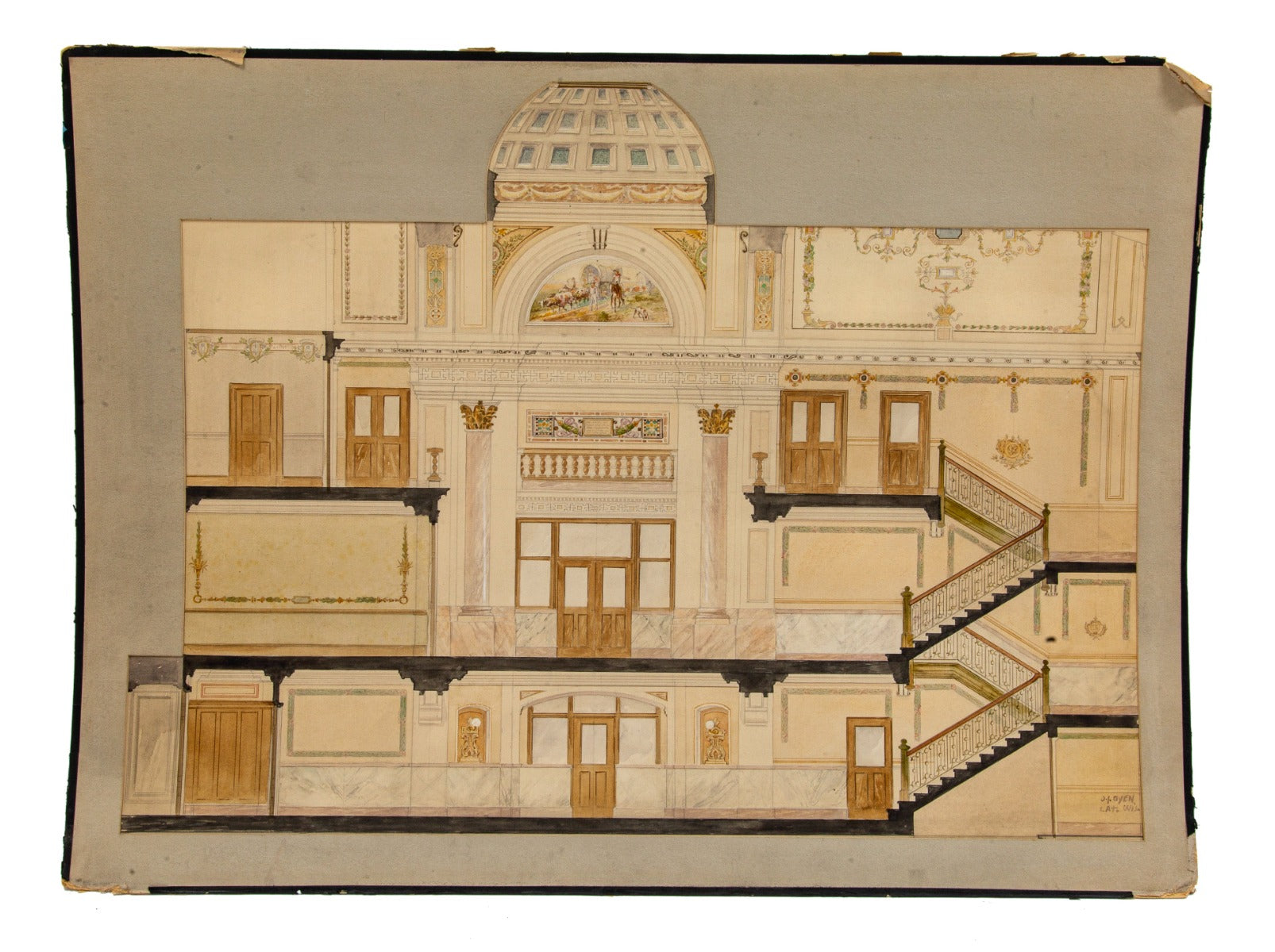 original early 20th century odin j. oyen studios polychromatic watercolor of a domed court house cross-section