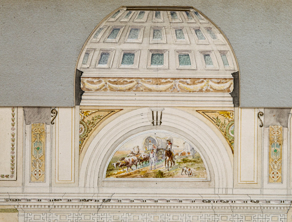 original early 20th century odin j. oyen studios polychromatic watercolor of a domed court house cross-section