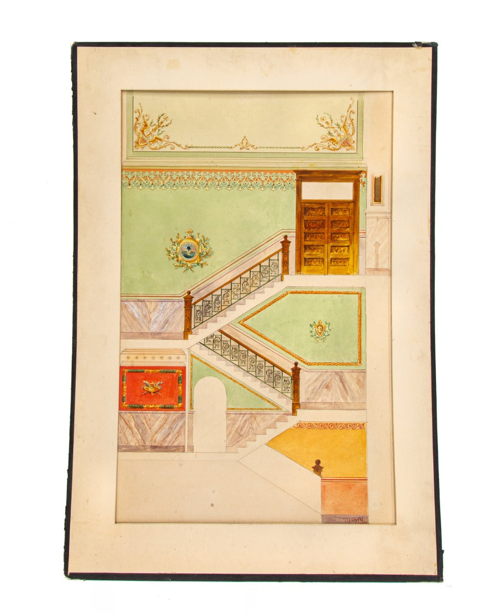 original early 20th century signed odin j. oyen watercolor rendering for a north dakota courthouse building with intact mat frame