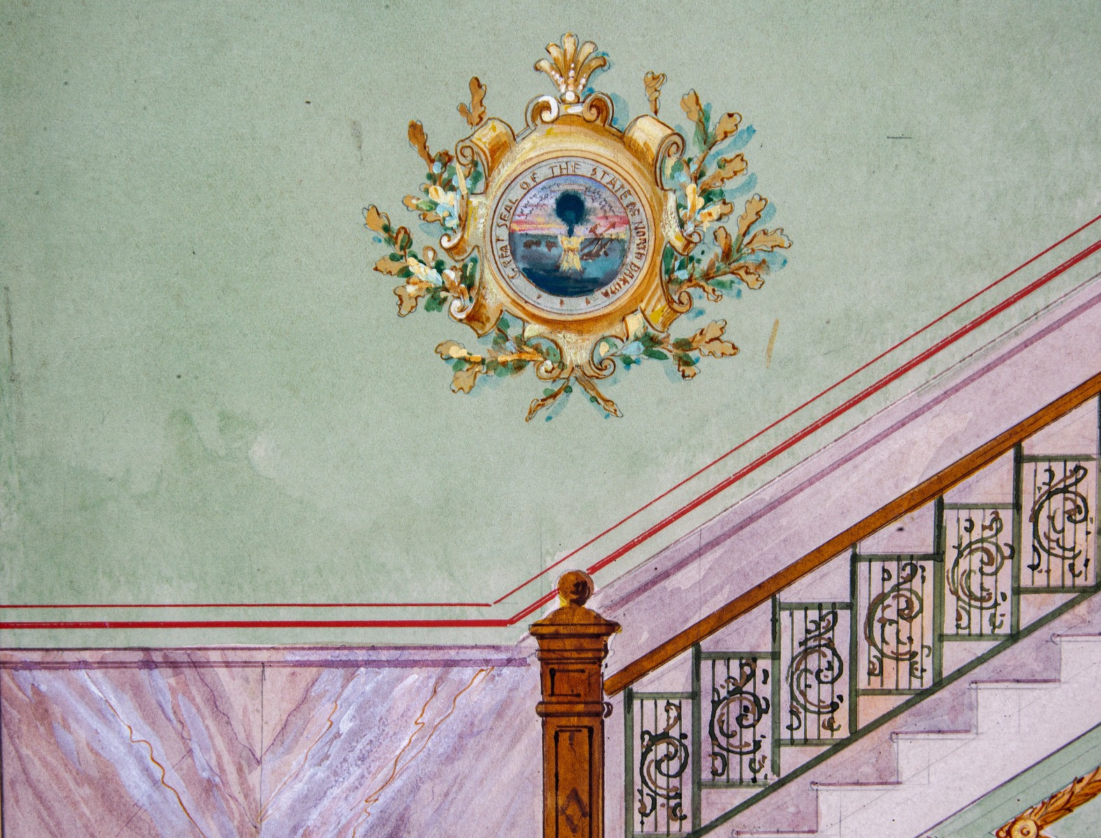 original early 20th century signed odin j. oyen watercolor rendering for a north dakota courthouse building with intact mat frame