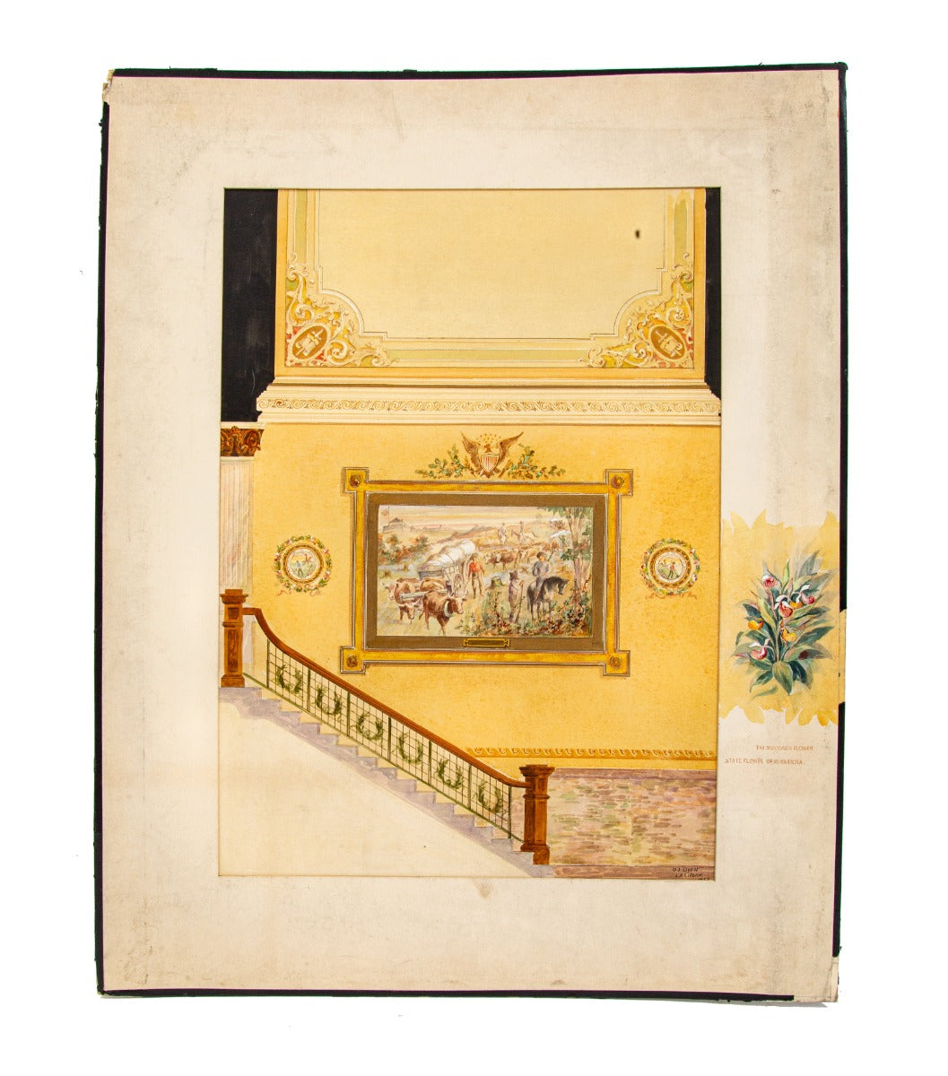 exceptional early 20th century oversized signed odin j. oyen studios minnesota courthouse watercolor rendering with original mat board and stamp