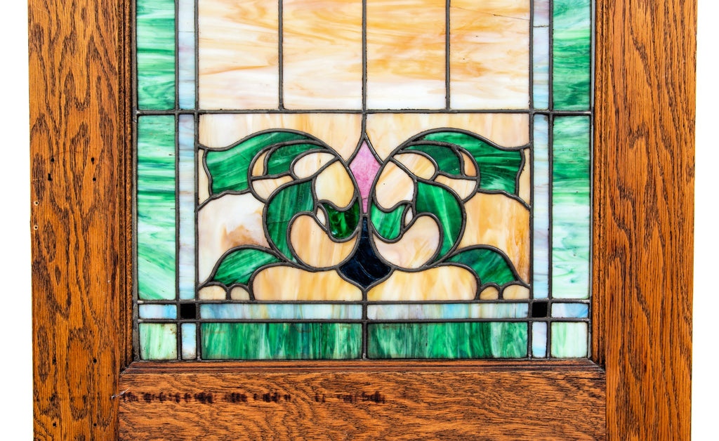 one of two matching custom-designed early 20th century oak and stained glass chicago funeral parlor swinging doors