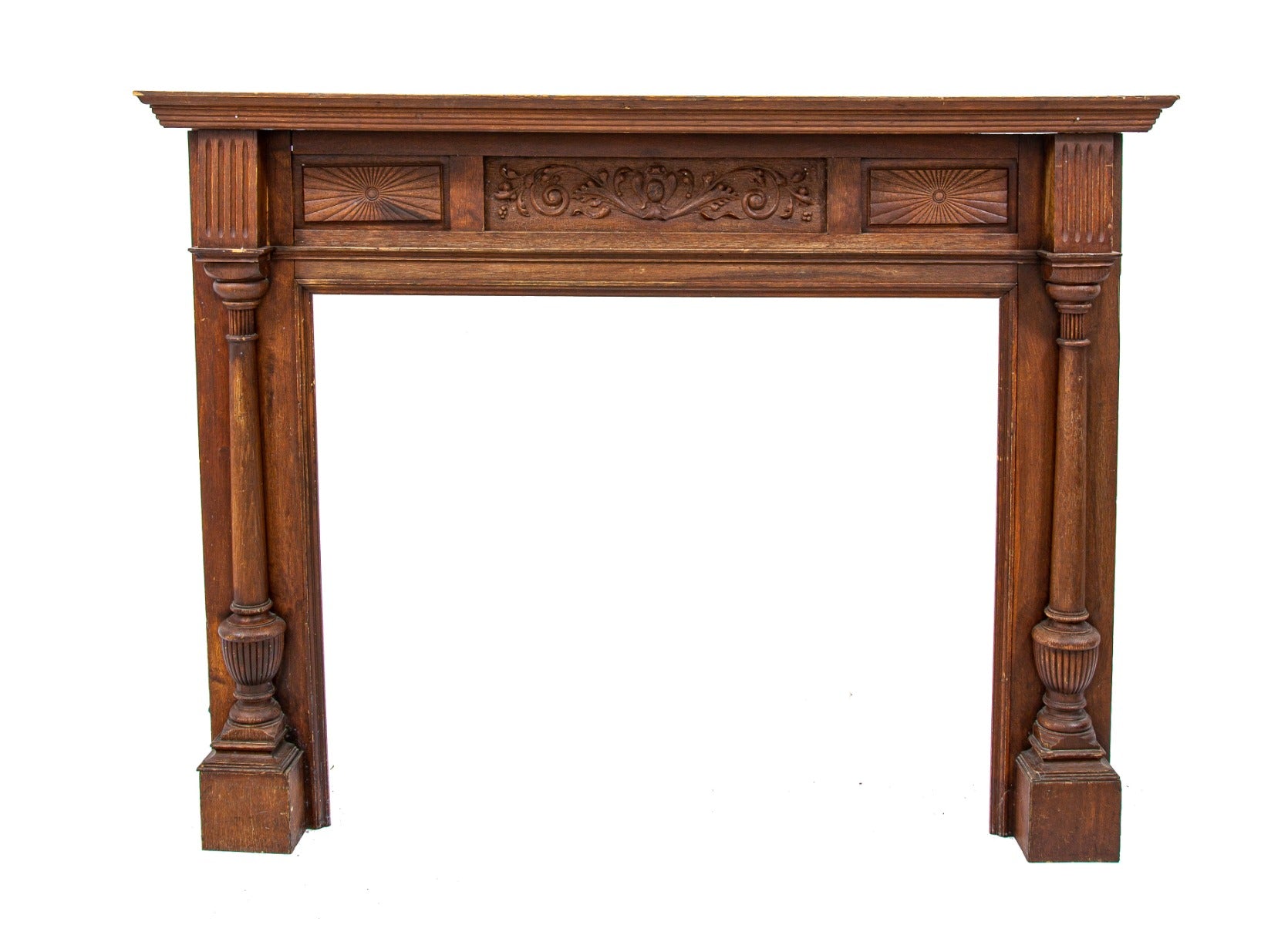 late 1890s original darkly varnished oak wood salvaged chicago interior residential fireplace half mantel