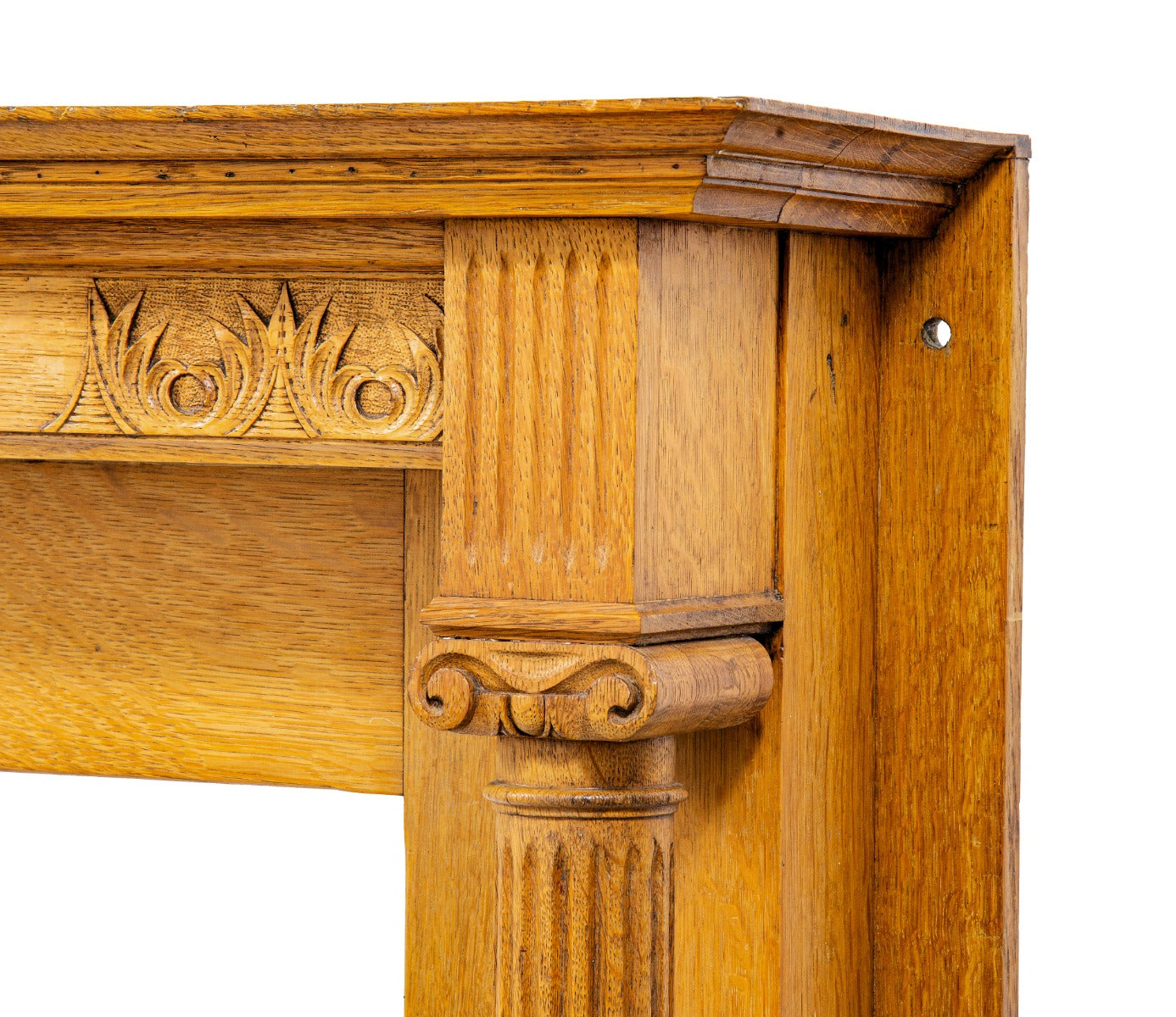 carefully refinished 19th century solid quartered oak wood salvaged chicago full fireplace mantel with original beveled edge mirror