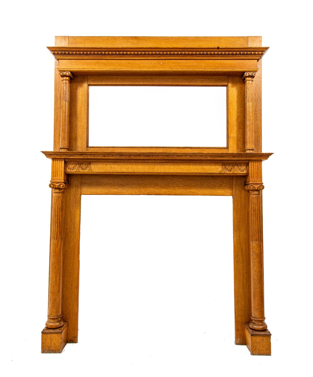 carefully refinished 19th century solid quartered oak wood salvaged chicago full fireplace mantel with original beveled edge mirror