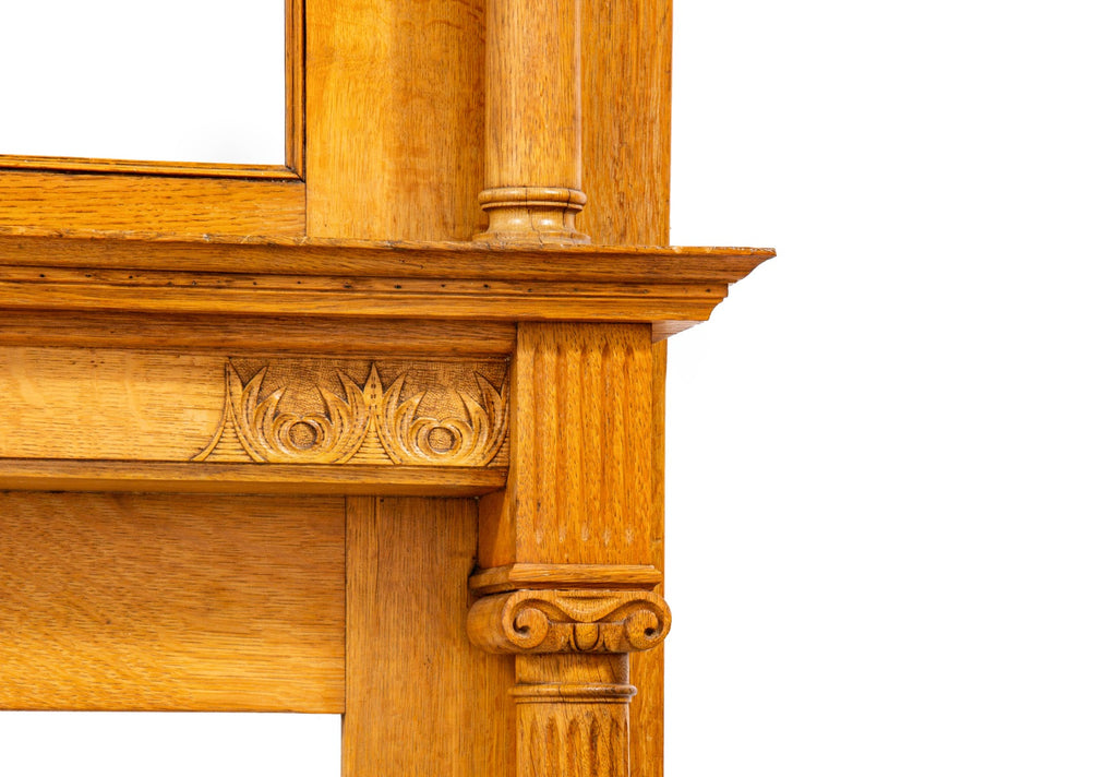 carefully refinished 19th century solid quartered oak wood salvaged chicago full fireplace mantel with original beveled edge mirror