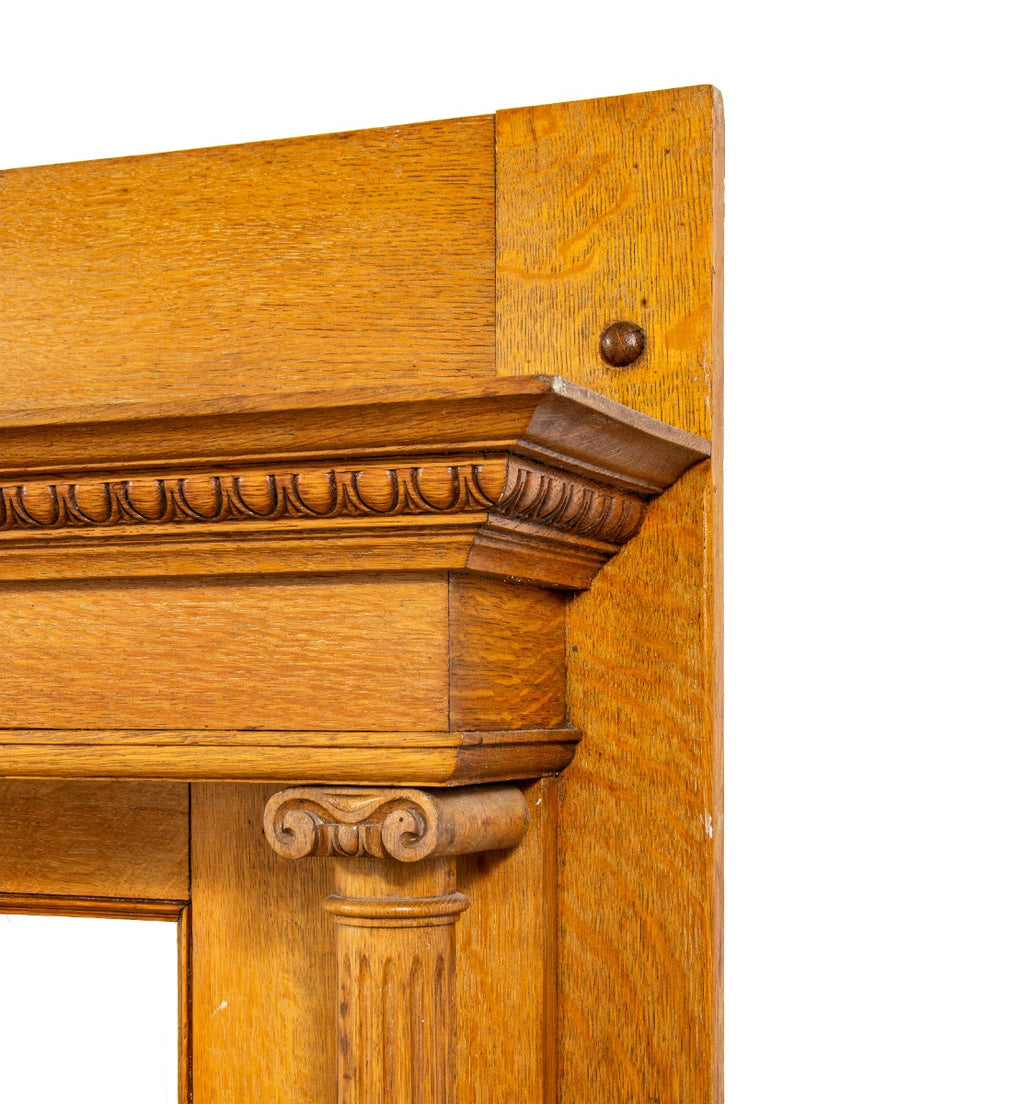 carefully refinished 19th century solid quartered oak wood salvaged chicago full fireplace mantel with original beveled edge mirror