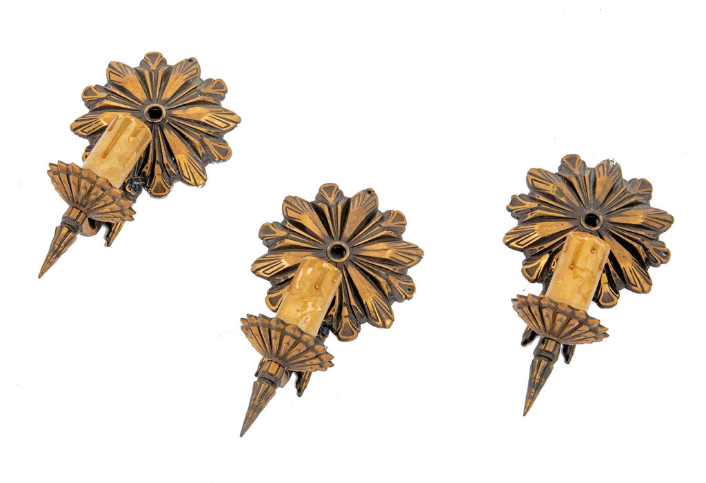 one of three matching hard to find moe-bridges art deco style interior residential cast bronze single light wall sconces with original finish