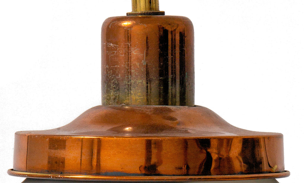 one of four matching early 20th salvaged chicago refinished schoolhouse pendant light fixtures with copper and brass fitters