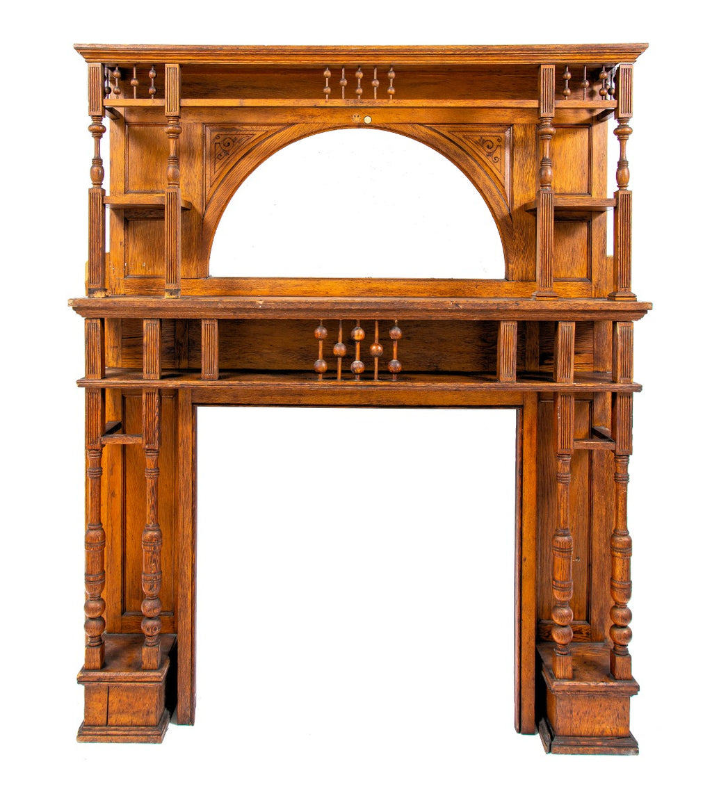 original late 1880s eastlake style salvaged chicago quartered oak wood full fireplace mantel with beveled edge arch top mirror