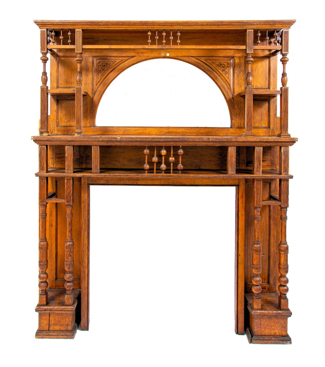 original late 1880s eastlake style salvaged chicago quartered oak wood full fireplace mantel with beveled edge arch top mirror