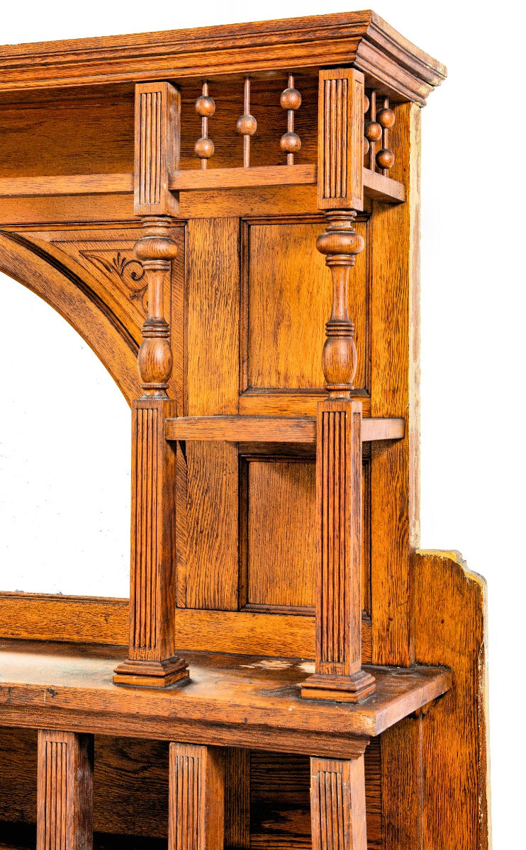 original late 1880s eastlake style salvaged chicago quartered oak wood full fireplace mantel with beveled edge arch top mirror