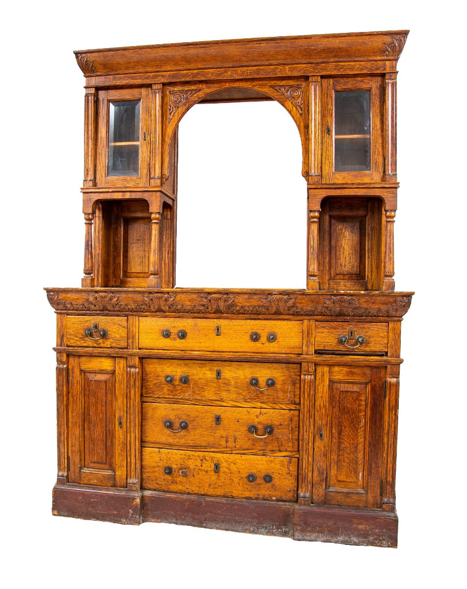 remarkable 1880s edbrooke and burnham-designed chicago varnished quartered oak wood residential built-in cabinet with intact mirror and beveled glass cabinet doors