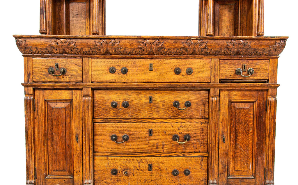 remarkable 1880s edbrooke and burnham-designed chicago varnished quartered oak wood residential built-in cabinet with intact mirror and beveled glass cabinet doors