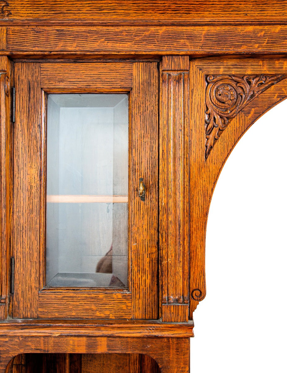 remarkable 1880s edbrooke and burnham-designed chicago varnished quartered oak wood residential built-in cabinet with intact mirror and beveled glass cabinet doors