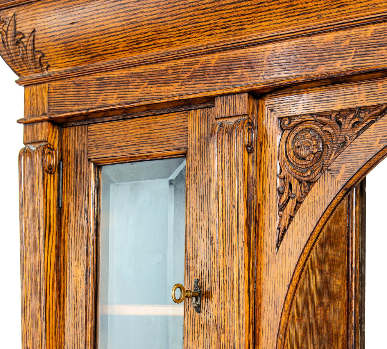 remarkable 1880s edbrooke and burnham-designed chicago varnished quartered oak wood residential built-in cabinet with intact mirror and beveled glass cabinet doors