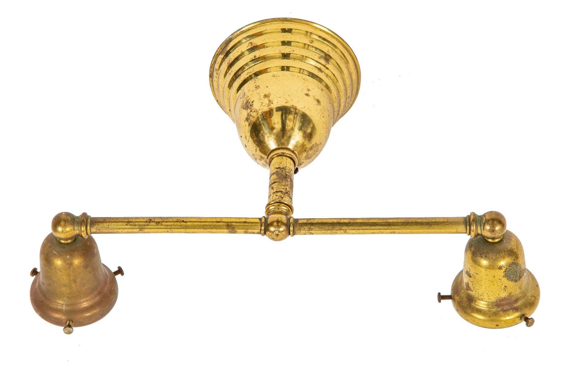 original and intact polished brass double-arm wall sconce with shade fitters and threaded set screws