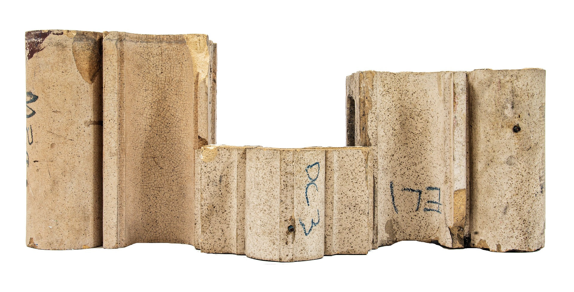 original 1899 three-piece speckled glaze terra cotta column assembly salvaged from louis h. sullivan's gage building