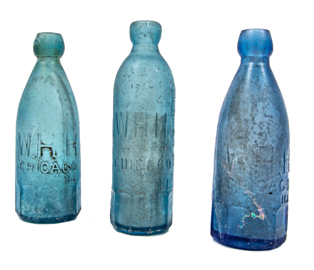 three 1870s chicago privy dug light cobalt blue mug base soda or mineral water bottles embossed "w.h.h."/ "chicago ill"