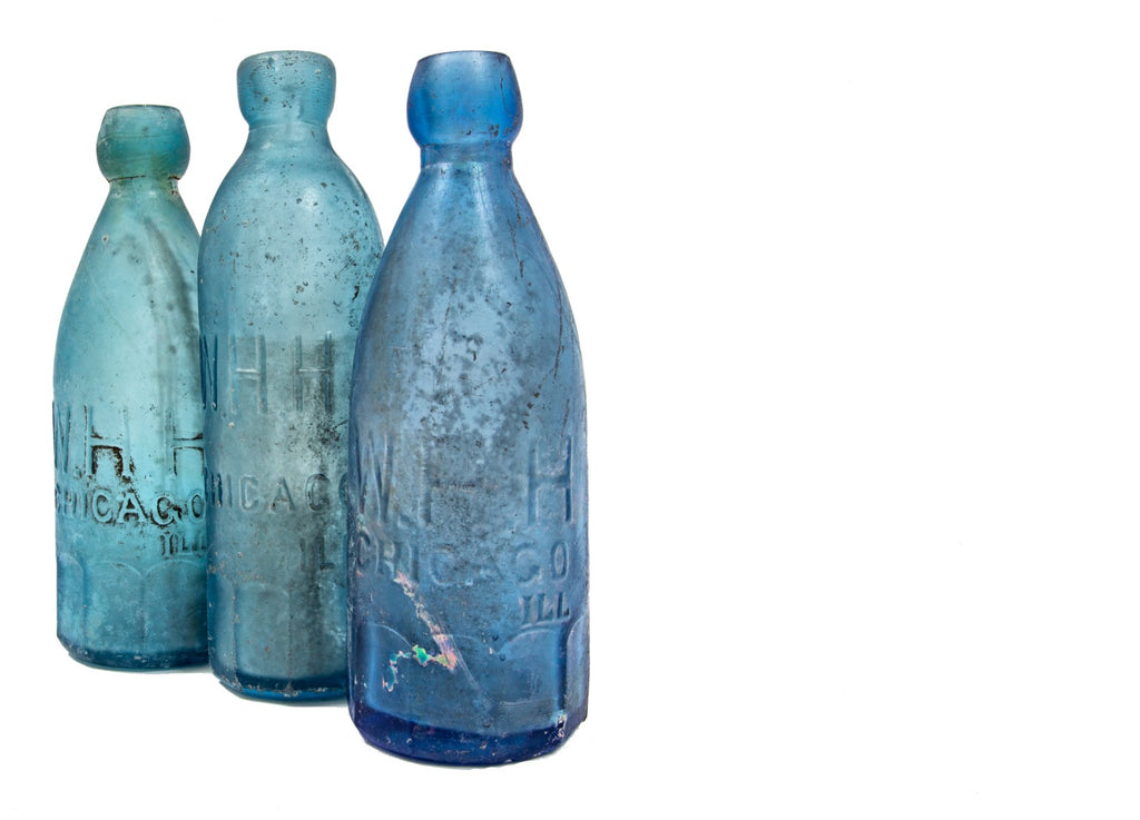 three 1870s chicago privy dug light cobalt blue mug base soda or mineral water bottles embossed "w.h.h."/ "chicago ill"
