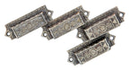 group of four matching original 1880s salvaged chicago ornamental cast iron drawer pulls handles with brushed metal finish
