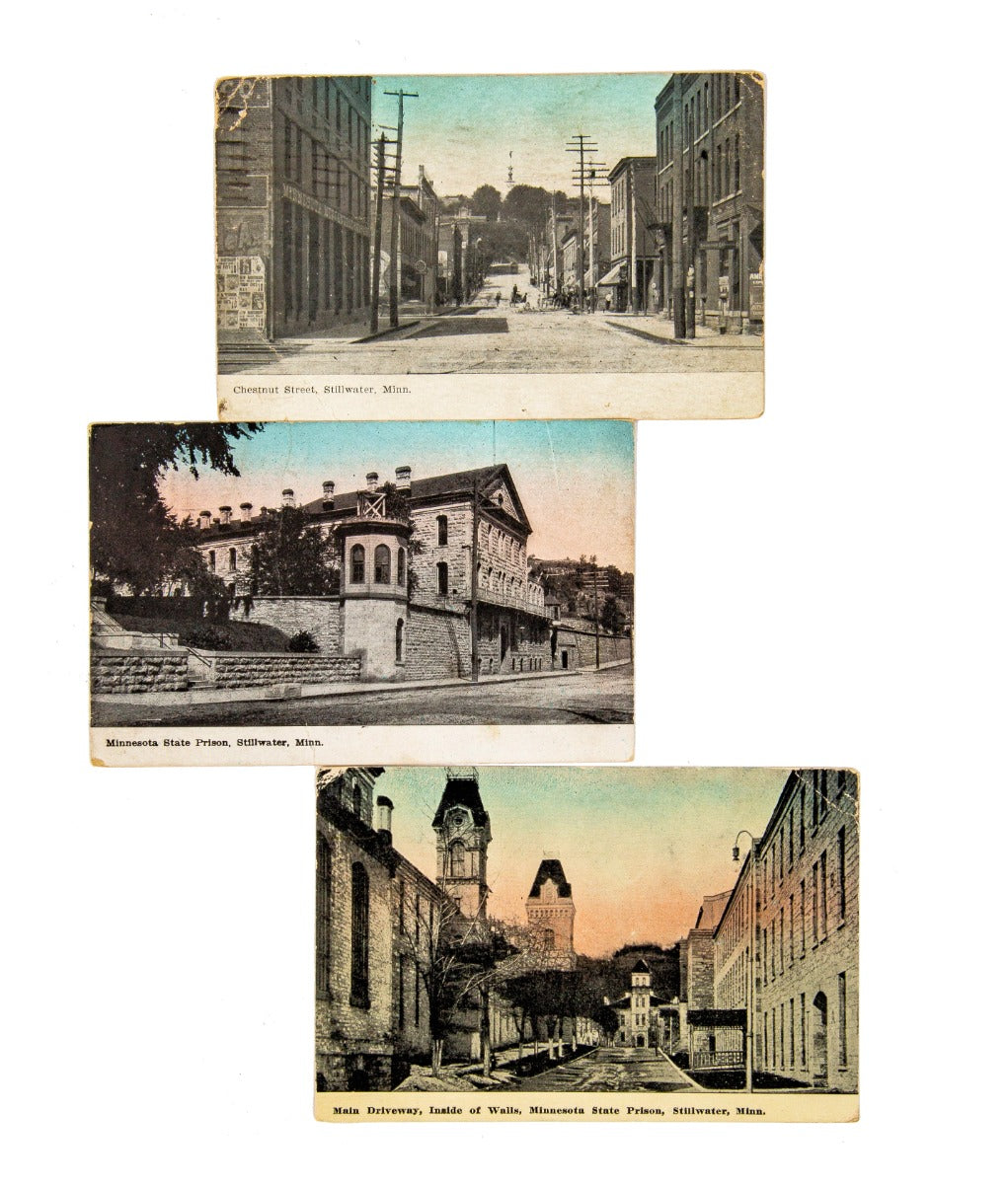 three original early 20th century postcards of the old stillwater (minnesota) prison