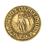 rare early 20th century "seal of the city of elmira" emblematic doorknob hardware model or pattern executed by p.f. corbin