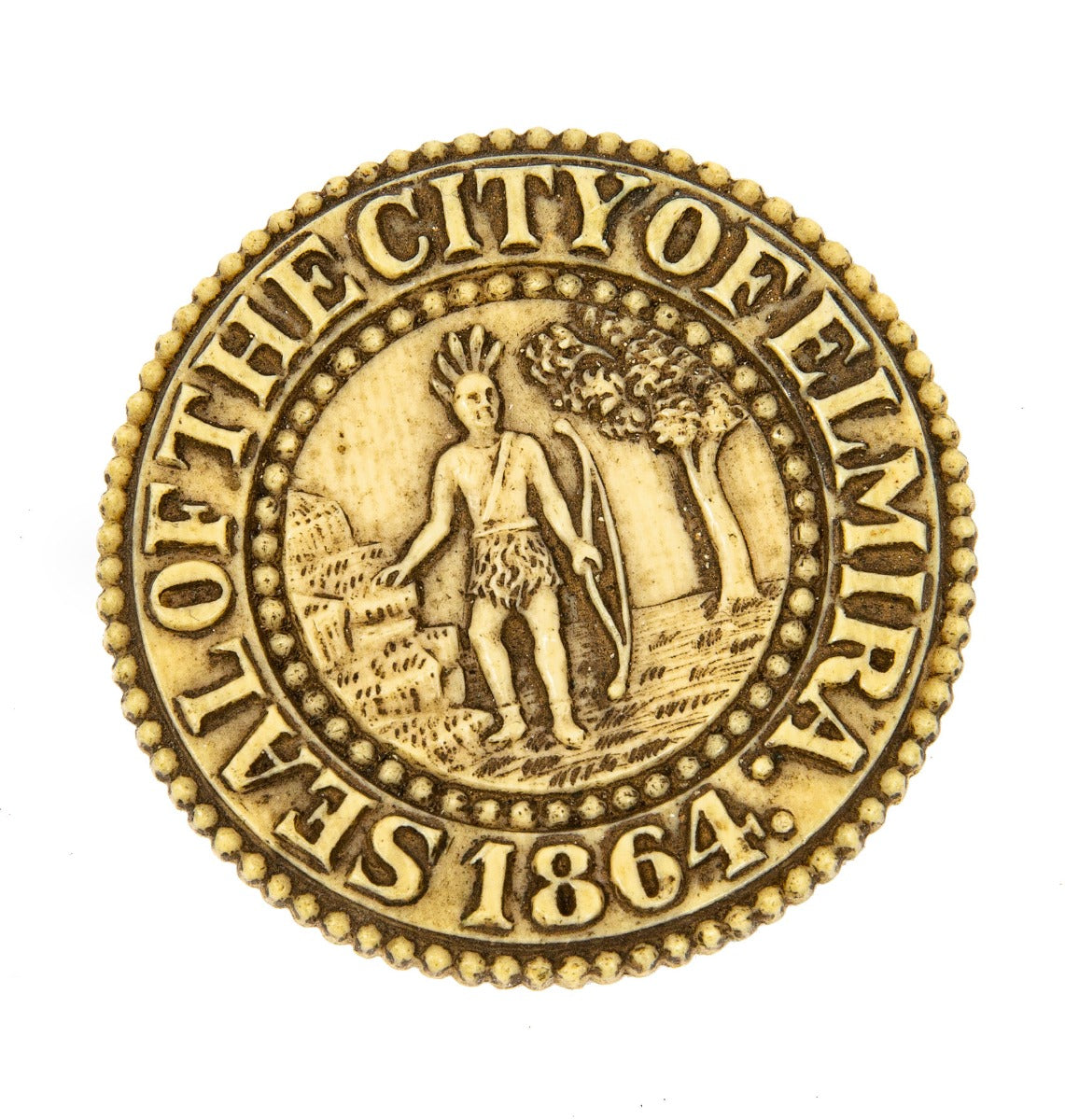 rare early 20th century "seal of the city of elmira" emblematic doorknob hardware model or pattern executed by p.f. corbin