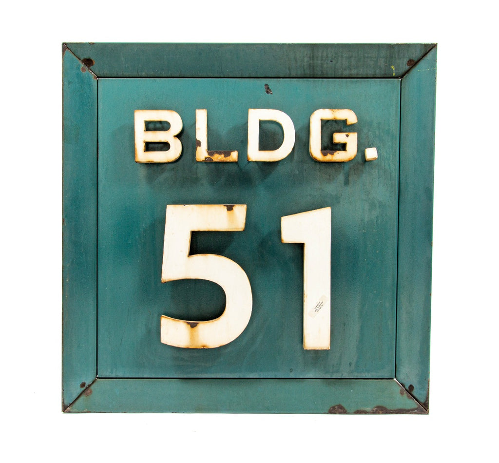 1930s original oversized "bldg. 51" allis-chalmers blue and white porcelain enameled factory building sign