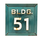 1930s original oversized "bldg. 51" allis-chalmers blue and white porcelain enameled factory building sign