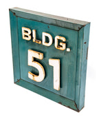 1930s original oversized "bldg. 51" allis-chalmers blue and white porcelain enameled factory building sign