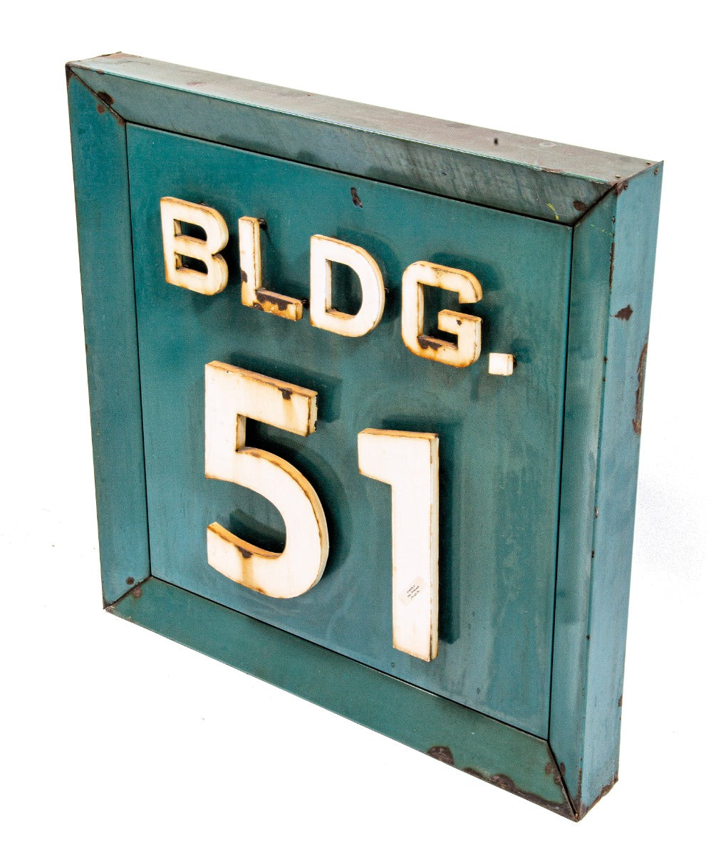1930s original oversized "bldg. 51" allis-chalmers blue and white porcelain enameled factory building sign