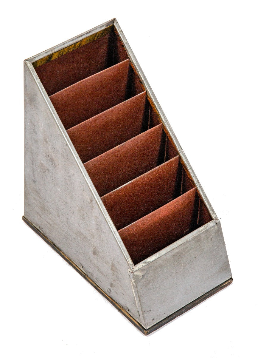 1930s refinished diminutive brushed steel and wood angled countertop slotted display cabinet with clear coat finish