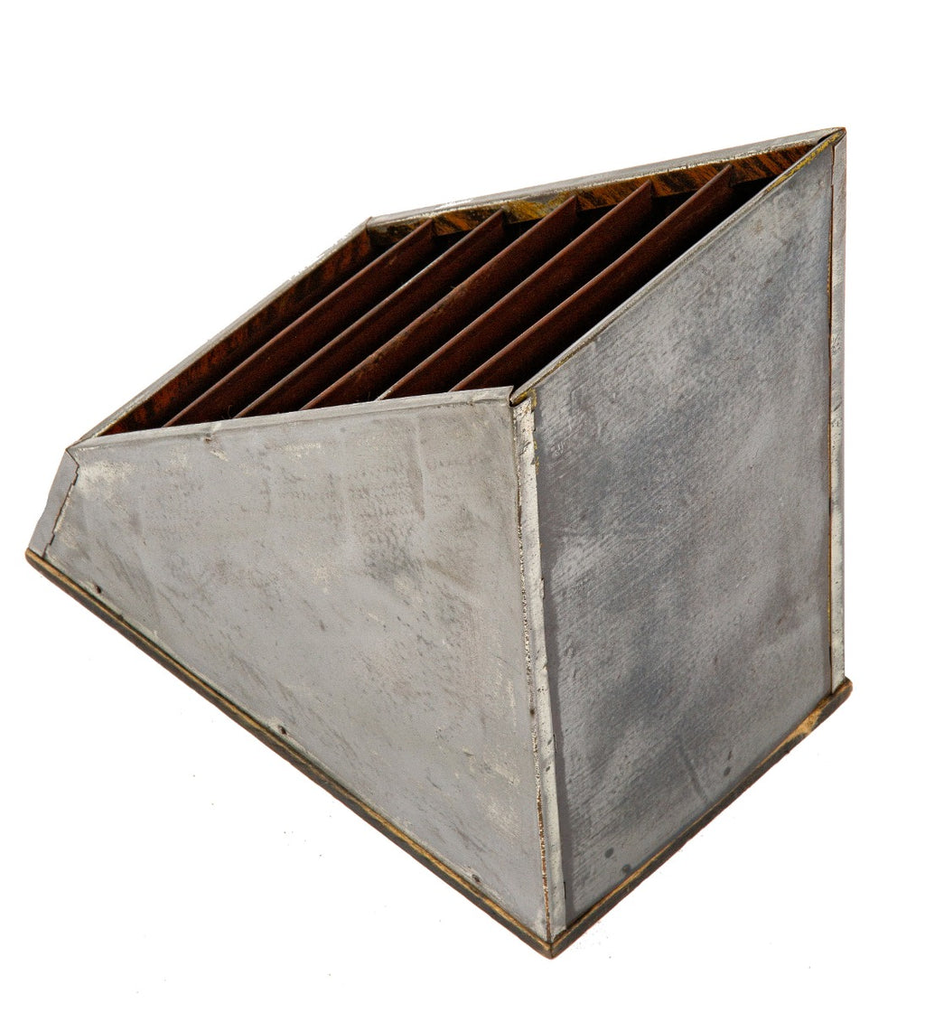 1930s refinished diminutive brushed steel and wood angled countertop slotted display cabinet with clear coat finish