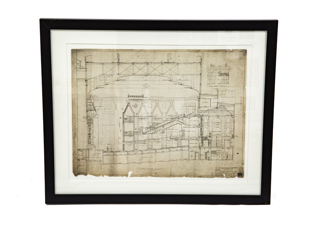 museum quality signed and dated framd and matted "whiteprint" depicting the longitudinal section of the mayan revival fisher theater