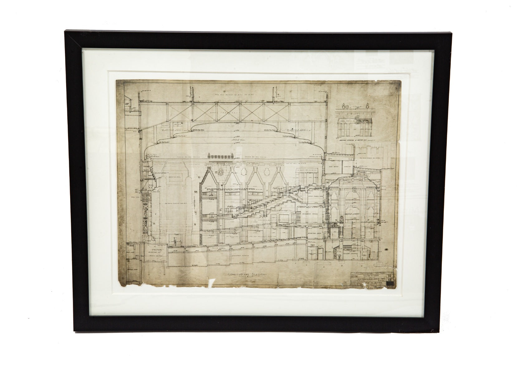 museum quality signed and dated framd and matted "whiteprint" depicting the longitudinal section of the mayan revival fisher theater