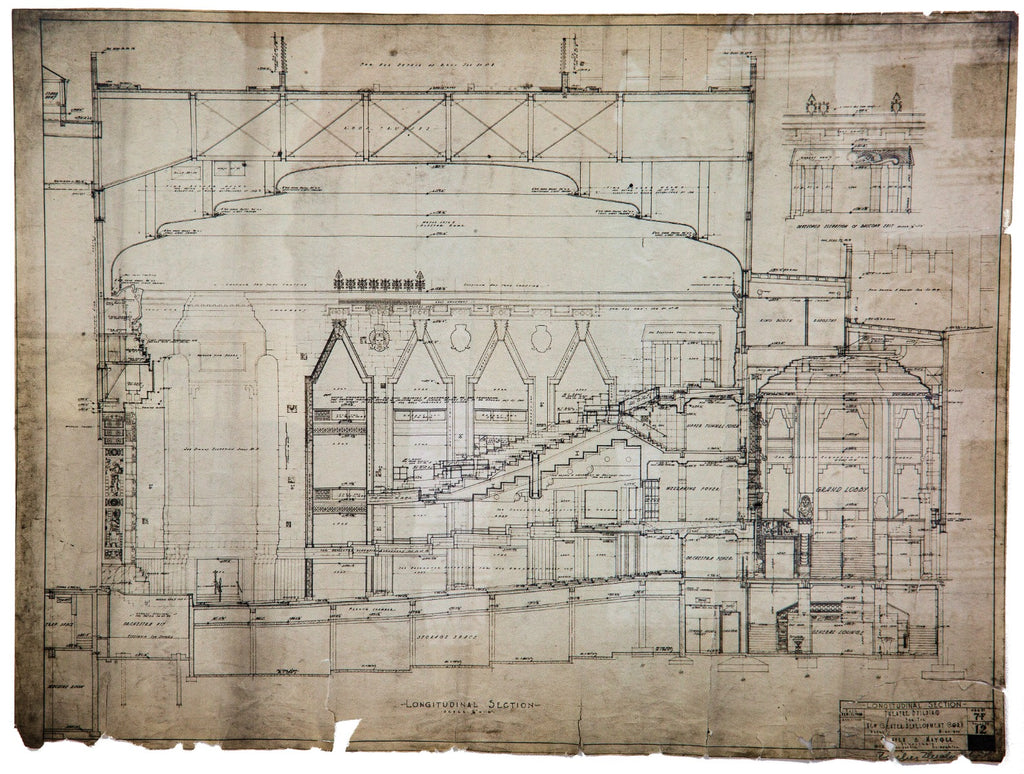 museum quality signed and dated framd and matted "whiteprint" depicting the longitudinal section of the mayan revival fisher theater