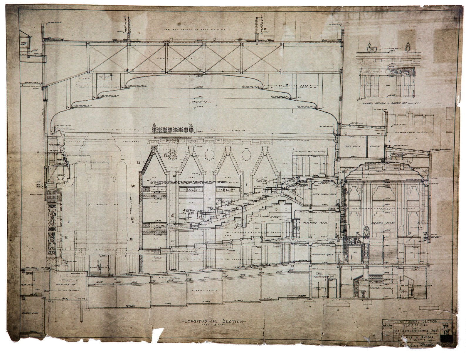 museum quality signed and dated framd and matted "whiteprint" depicting the longitudinal section of the mayan revival fisher theater