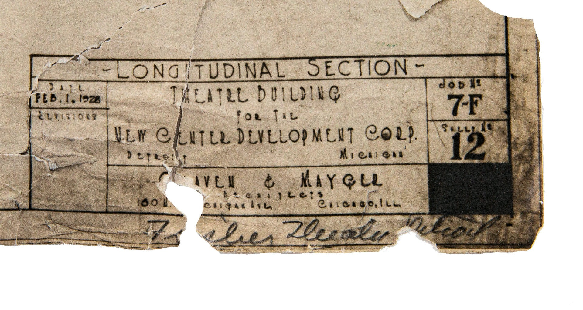 museum quality signed and dated framd and matted "whiteprint" depicting the longitudinal section of the mayan revival fisher theater