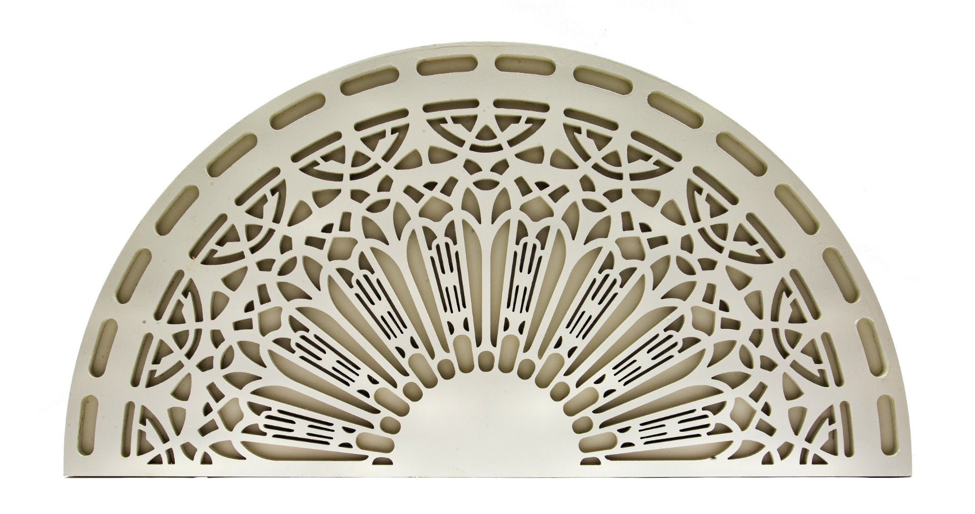 recreated frank lloyd wright-designed george blossom house exterior cream-colored fret-sawn lunette with backer board