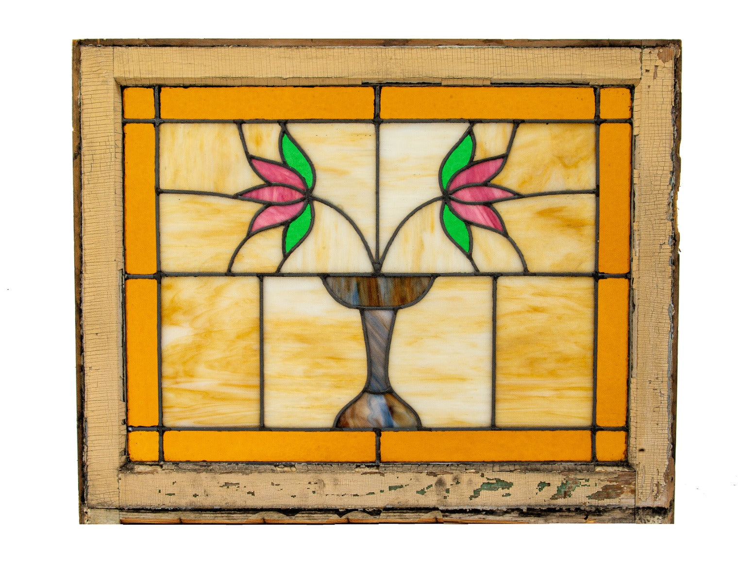one of two early 1920's original antique american craftsman style interior residential stained glass window featuring a blue vase and pink petaled flowers